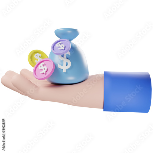Man holding money bag on hand 3d render transparent icon side view (ID: 530228517)