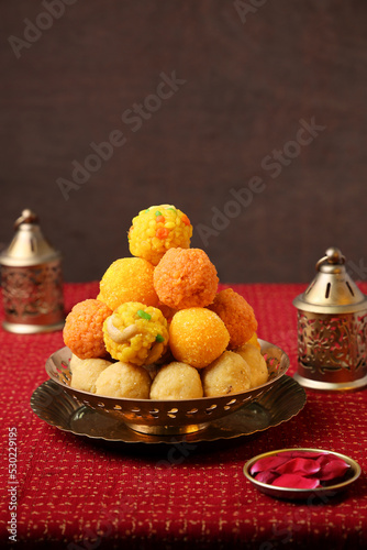 Motichoor Ladoo Rava Laddu Kesar besan boondi laddu Semolina Indian sweet dish mithai Diwali Dussehra Holi Ram Navmi Ganesh chaturthi Durga Pooja festival dessert snack Kerala Mumbai India Sri Lanka photo