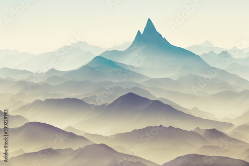 Beautiful mountain landscape. Panorama of silhouettes of mountains in the fog. Color flat illustration for backgrounds, wallpapers, photo wallpapers, murals, posters. © veter