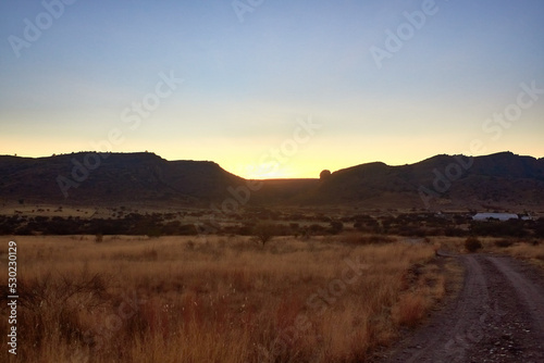 landscape of old west or western movie with desert and mountains at sunset in chupaderos durango 