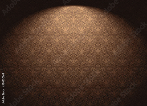 Vintage, Gothic background in gold, bronze, caramel, chocolate color in Baroque, rococo style with classic antique ornament. Luxury royal gold wallpaper with stage lighting. Vector illustration