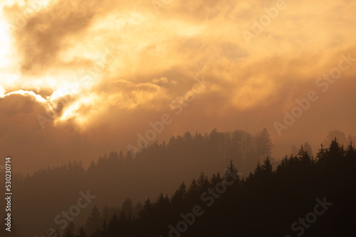Misty mountain forest landscape in the morning  Czech Republic. The brightness of the sun forms very different clouds and makes the mountain very mysterious and misty.