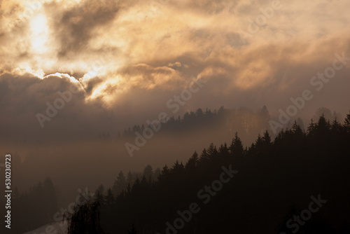 Misty mountain forest landscape in the morning, Czech Republic. The brightness of the sun forms very different clouds and makes the mountain very mysterious and misty.