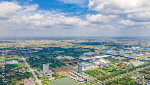 Aerial photography of buildings in Dongtai High-tech Industrial Development Zone, Yancheng City, Jiangsu Province, China - Kechuang Building, Wangkun Grand Theater, Internet Building and Customs Build