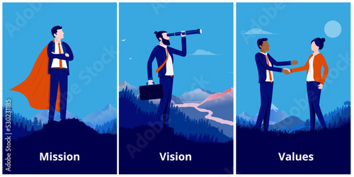 Mission vision values - Collection of vector illustrations with businesspeople and business statement words.