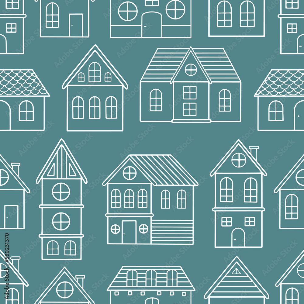 Seamless pattern of doodle houses. Great for fabric, textile vector illustration