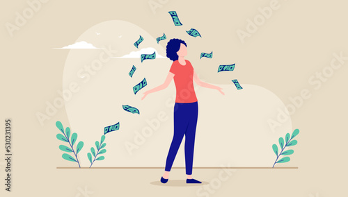 Woman making money - Rich female person standing in casual clothes achieving financial freedom. Flat design vector illustration