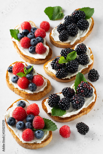 Berries toast breakfast, healthy food on white background
