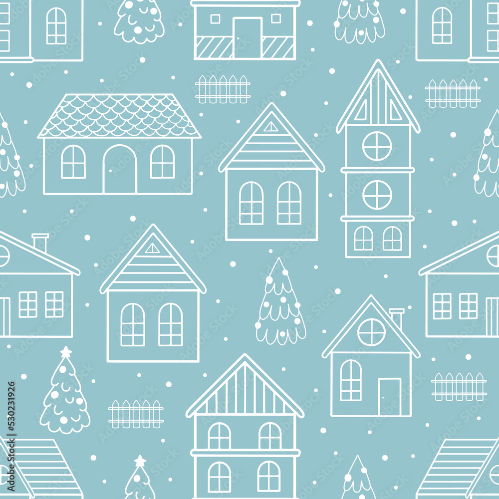 Winter houses for Christmas fabrics and decor. Seamless pattern.