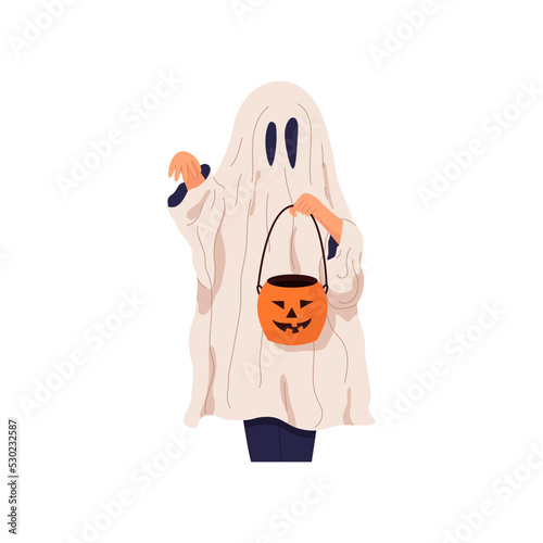 Cute kid in white ghost costume celebrating Halloween. Spooky child with pumpkin candy bucket doing trick or treat. Helloween phantom character. Isolated flat graphic vector illustration
