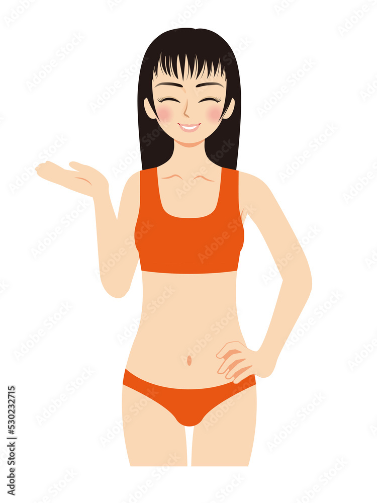 女性エステイラスト 水着黒髪女性 上半身ポーズ