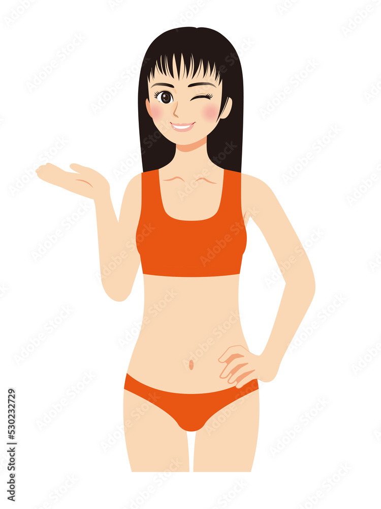 女性エステイラスト 水着黒髪女性 上半身ポーズ