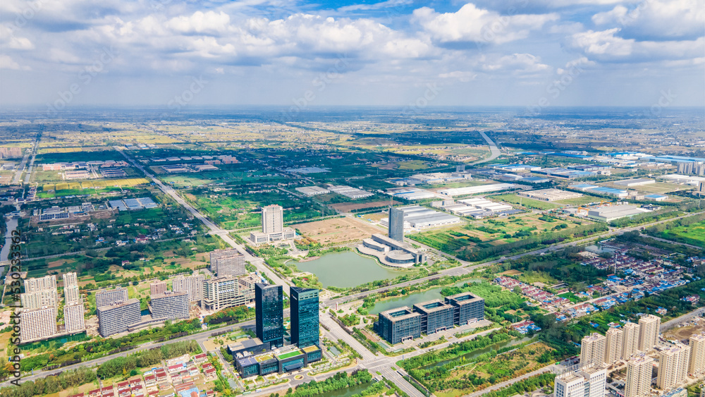 Aerial photography of buildings in Dongtai High-tech Industrial Development Zone, Yancheng City, Jiangsu Province, China - Wangkun Grand Theater, Customs Building, Internet Building，Kechuang Building