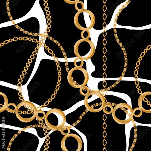 Seamless pattern decorated with precious stones, gold chains and pearls.	
