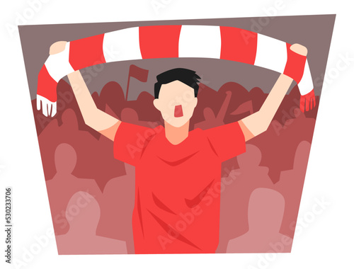 illustration of passionate male football fans. supporter, crowd background, football stadium. scarf. concept of sports, entertainment, audience. flat vector