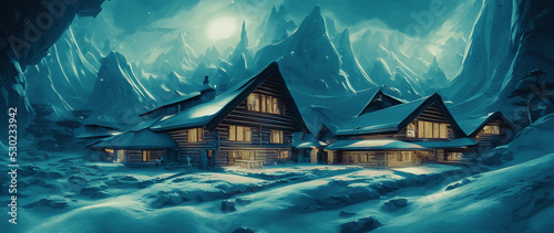 Fotografiet Artistic concept painting of a beautiful winter house, background illustration