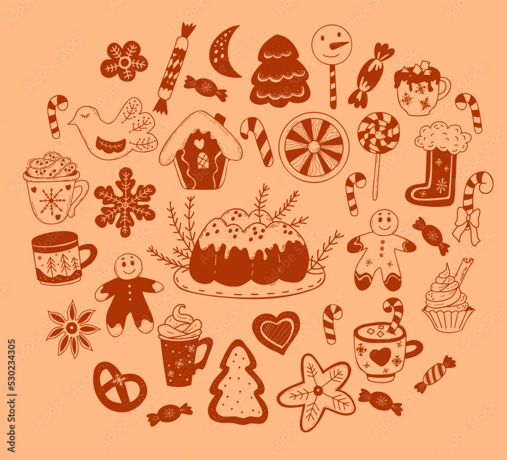 Set doodles Christmas food sweet. Gingerbread house, Christmas gingerbread and caramel stick, creamy dessert and candies, New Years cake, dessert in cup and lollipops. Isolated vector hand drawns
