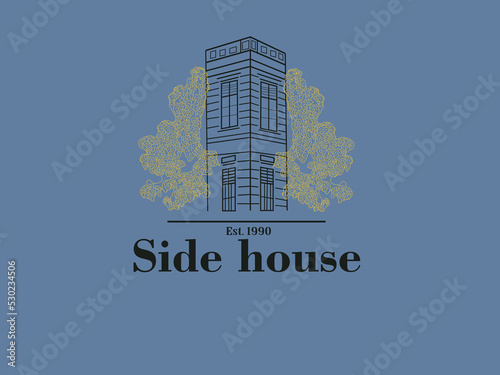luxury drawing sketch house and tree leaf label logo .abstract house vector logo
