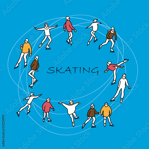 set of figure skaters skating in a circle. Vector illustration in the style of doodles. photo