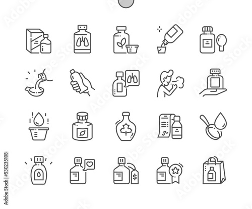Cough syrup bottle. Pharmacy products. Cough remedy pouring one dose. Bottle of liquid medicine with measuring cup. Pixel Perfect Vector Thin Line Icons. Simple Minimal Pictogram