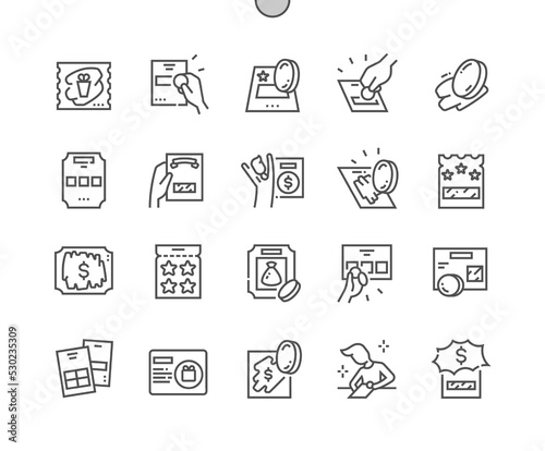 Scratch cards. Winner. Scratching off covering for prize reveal. Lottery and luck. Pixel Perfect Vector Thin Line Icons. Simple Minimal Pictogram