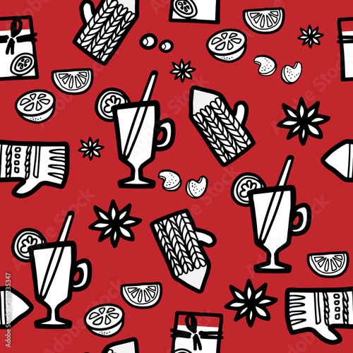 Christmas and Happy New Year seamless pattern with mulled wine, mittens, cinnamon, orange slices. Trendy retro style.