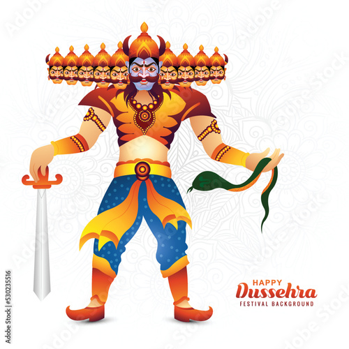 Happy dussehra celebration angry ravan with ten heads and bow card design