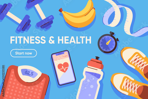 Fitness and healthy lifestyle concept. Landing page or website design with sports equipment, sportswear, healthy food and workout app. Training and physical exercises. Cartoon flat vector illustration