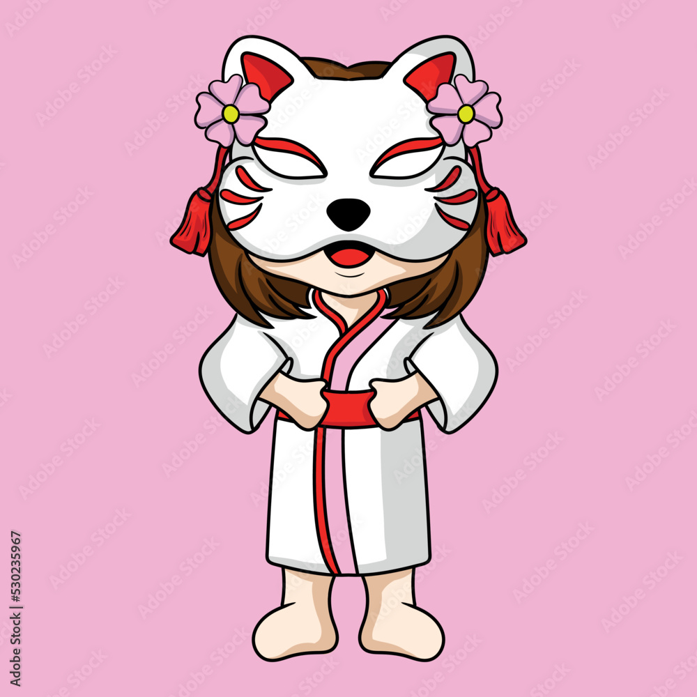 illustration art cute girl with kitsune mask character design illustration art cute girl with kitsune mask character design