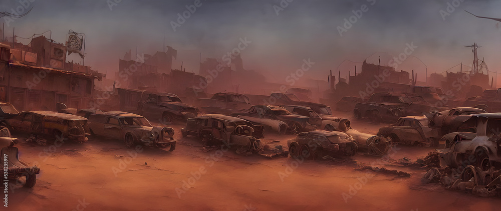Fototapeta premium Artistic concept painting of desert junk town, background illustration.