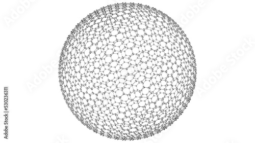 Spheres shredded into fine hexagonal atoms of metallic silver under white background. Concept 3D CG of high-precision strength analysis, blockchain information technology and social human relations. © DRN Studio