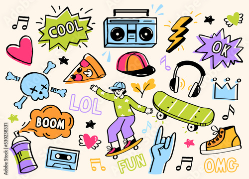 Skateboarding sticker set. Hand drawn icons with skater, lightning, heart, spray paint can, headphones and cap. Elements for social network. Cartoon flat vector collection isolated on beige background