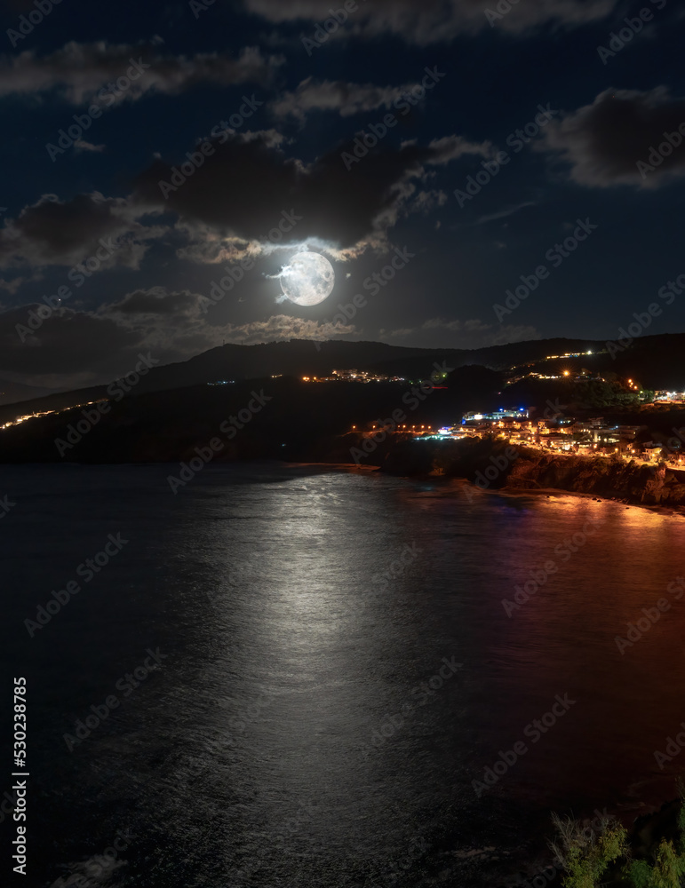 Night view of Castelsardo with full moon, Sassari - Sardinia