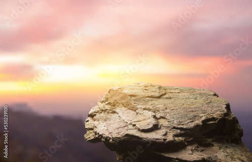 Standing empty on top of a mountain view, Blank space cliff edge with mountain on clouds sky and sunset, vector illustration