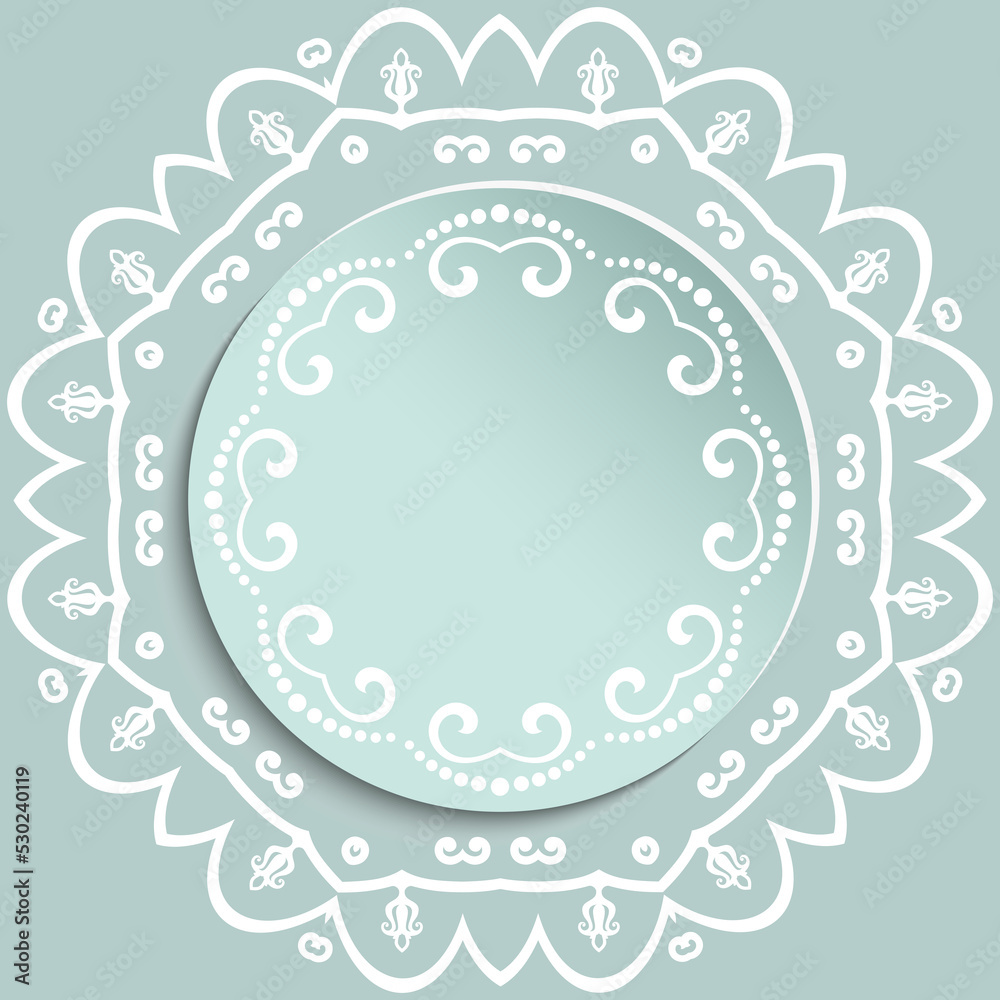Round frame with floral elements and arabesques. Light blue and white pattern with arabesques. Fine greeting card Round frame with floral elements and arabesques. Light blue and white pattern with arabesques. Fine greeting card