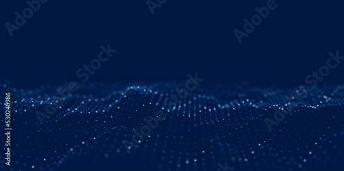 Abstract blue particle background. Flow wave with dot landscape. Digital data structure. Future mesh or sound grid. Pattern point visualization. Technology vector illustration.