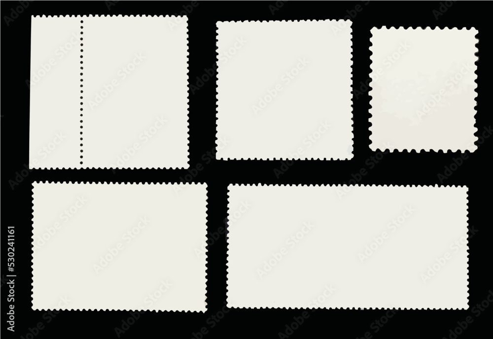 Set of blank posted stamps isolated on black background. Vector illustration	