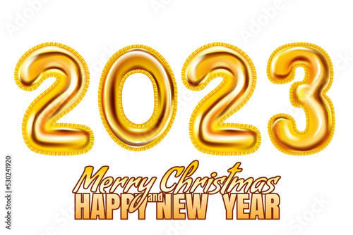 2023 Golden foil numerals balloons, Merry Christmas and Happy New Year 2023 banner