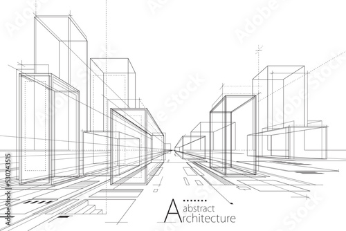3D illustration Outline drawings of abstract modern urban buildings and architecture.