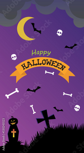 halloween banner with moon bats skulls and bones