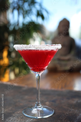 Red cocktail in martini glass with shredded coconut rim, selective focus, with blurred background. Strawberry margarita photo
