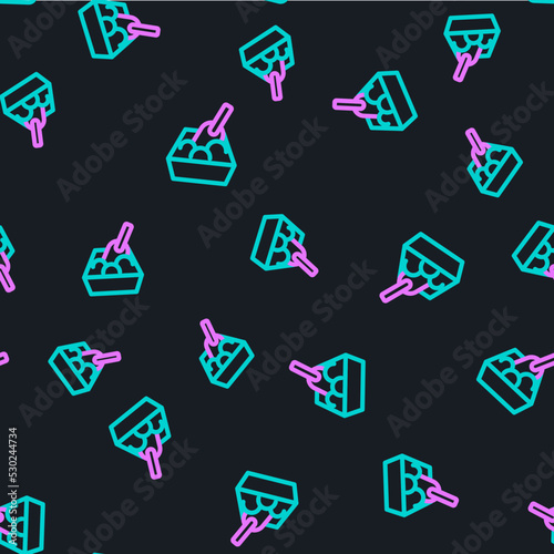 Line Cat litter tray with shovel icon isolated seamless pattern on black background. Sandbox cat with shovel. Vector