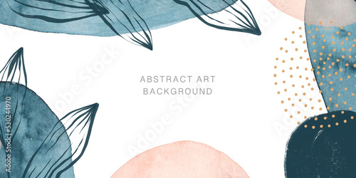 Abstract watercolor art background template. Design with doodles and various uneven shapes. Hand drawn. Space for text. Suitable for invitation, banner, brochure, postcard, flyer. photo