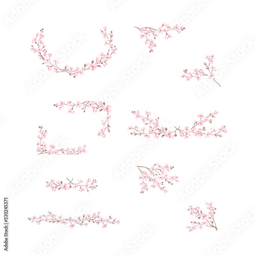 Twigs of Sakura or Cherry Blossom Arranged in Frame and Border Line Vector Set
