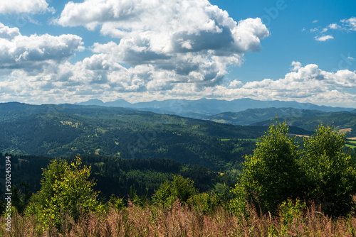 View to Mala Fatra mountains form forest glade below Javorske hill summit in Kysucke Beskydy mountains in Slovakia photo