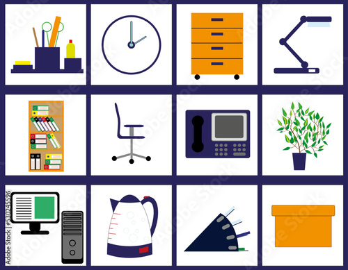 Vector office cartoon set of furniture, chair, bookcase and others for cabinet of secretary, manager, administrator