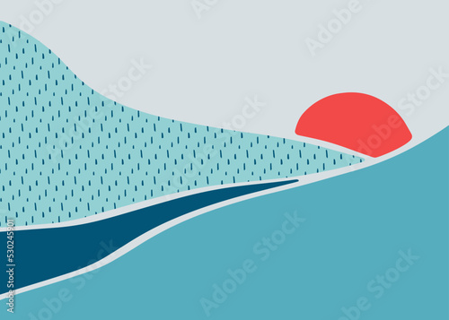 Winter abstract landscape with snowdrifts and red sun. Winter background in blue colors. Bright illustration with texture. Modern style.