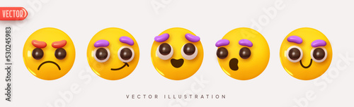 Funny cute emoticons collection. Set Icon Smile Emoji. Realistic Yellow Glossy 3d Emotions face. vector illustration