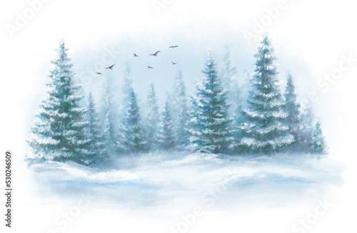 Pastel background drawn landscape of foggy forest, winter hill. Wild nature, taiga with the birds in the sky. © Leyasw
