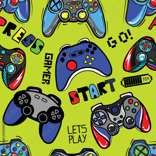Seamless bright pattern with  joysticks. gaming cool print for boys and girls. Suitable for textiles, sportswear, web
